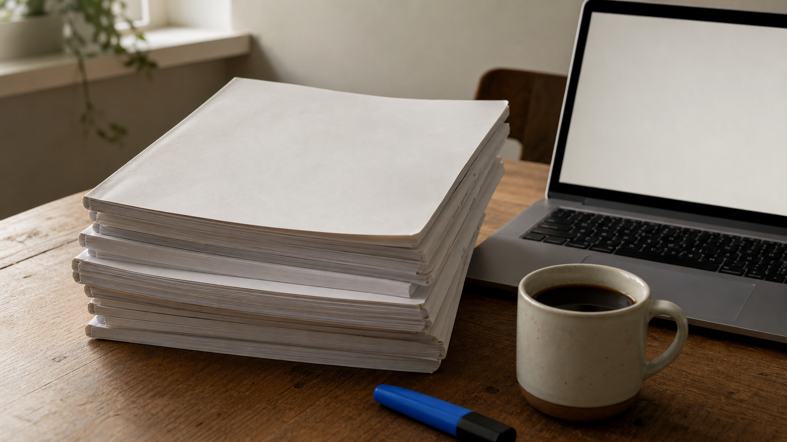 A desk with practice test booklets, a laptop showing a timer, a highlighter, and a coffee cup.
