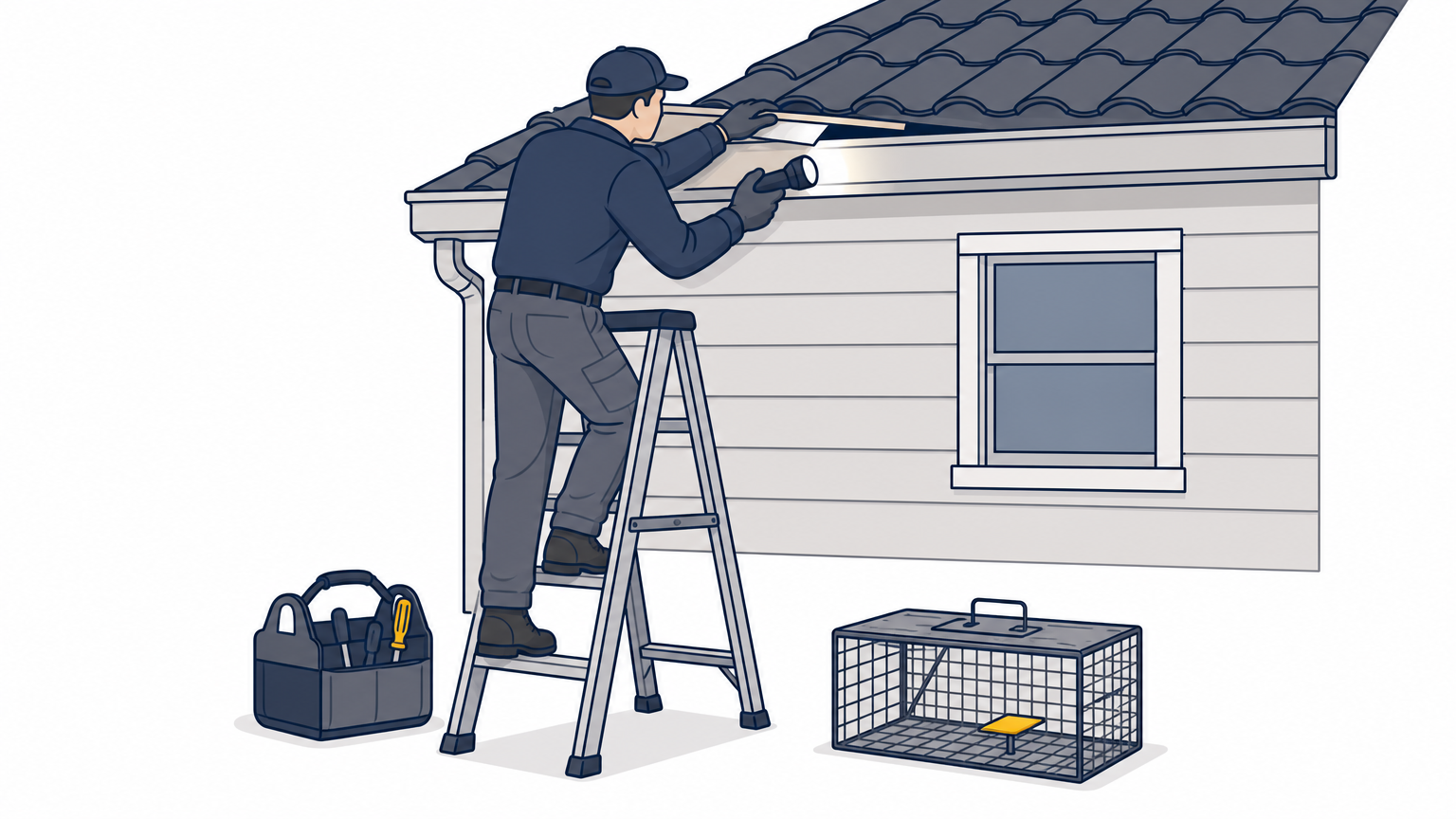 A technician inspects a rooftop gap with a flashlight while a live trap sits on the ground below.