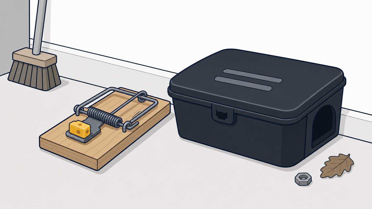 A wooden snap trap and a black bait station placed next to each other on a garage floor.