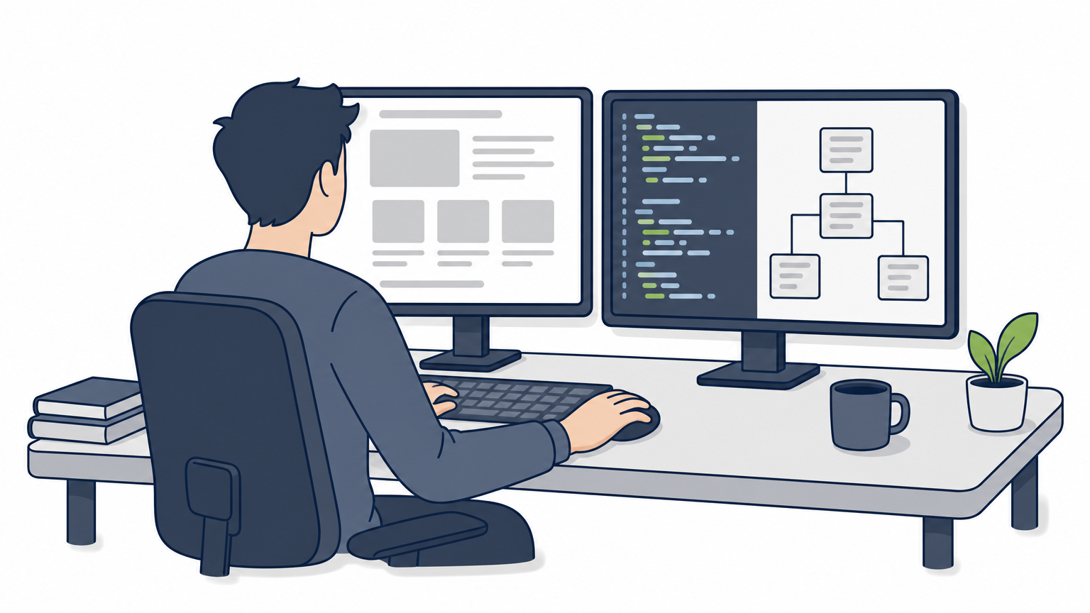 A developer works at a desk with dual monitors showing a website interface and backend code.