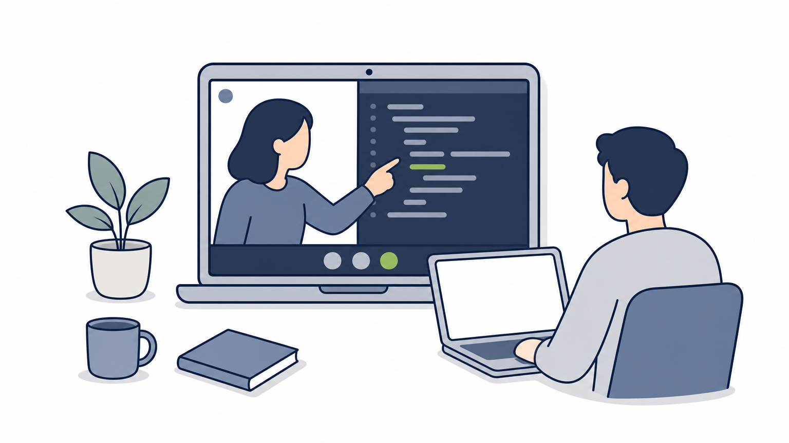 Two people conduct a live pair-programming interview over a video call with laptops showing code.