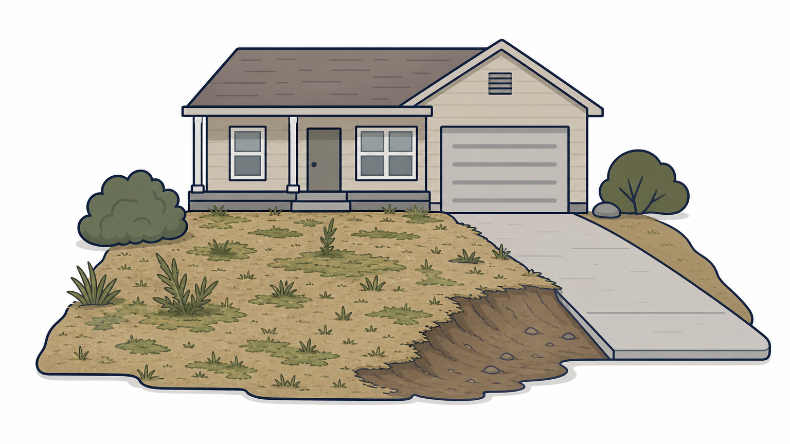 A patchy, weedy lawn with bare eroded soil near a driveway.