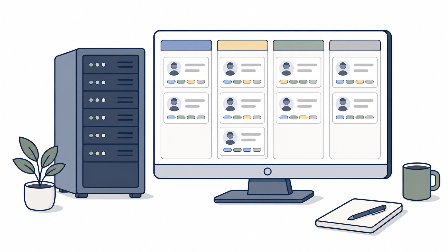 A server rack next to a screen showing a modern recruitment pipeline interface with tagged candidate cards.