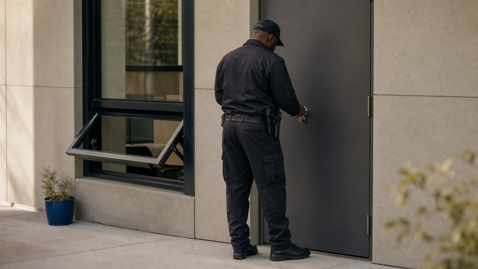 An office building shows a securely locked front door but an open window left unchecked nearby.