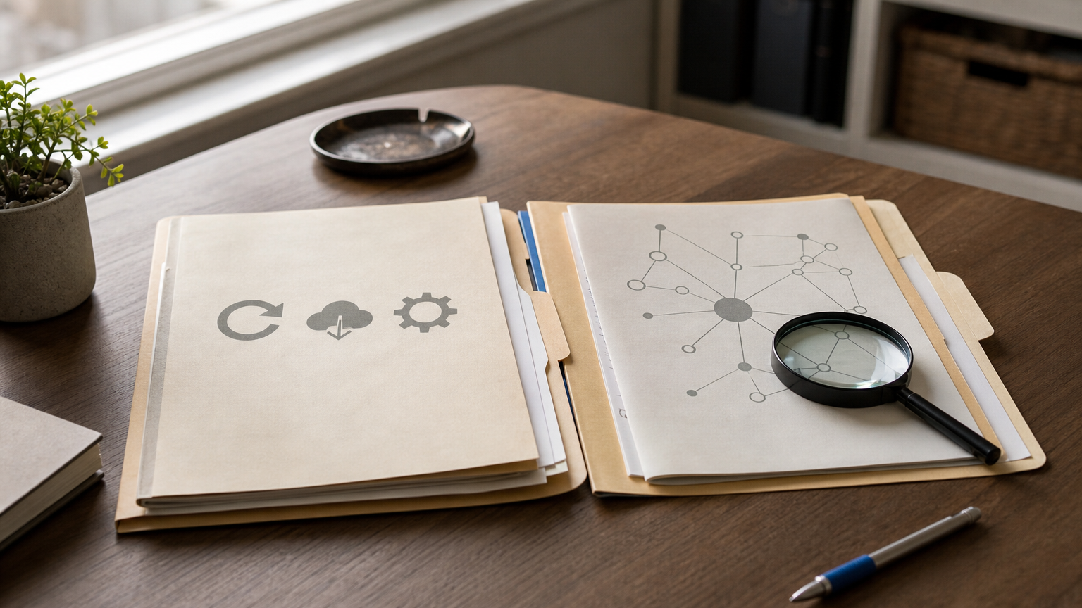 Two open folders on a desk represent separate records for patch updates and broader vulnerability findings.