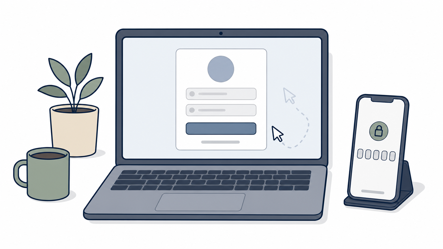 A laptop with a corporate login screen sits on a home desk beside a phone showing a passcode.