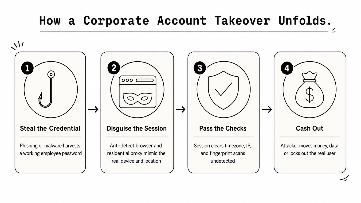 A four-step process diagram showing how attackers steal, disguise, pass checks, and cash out.