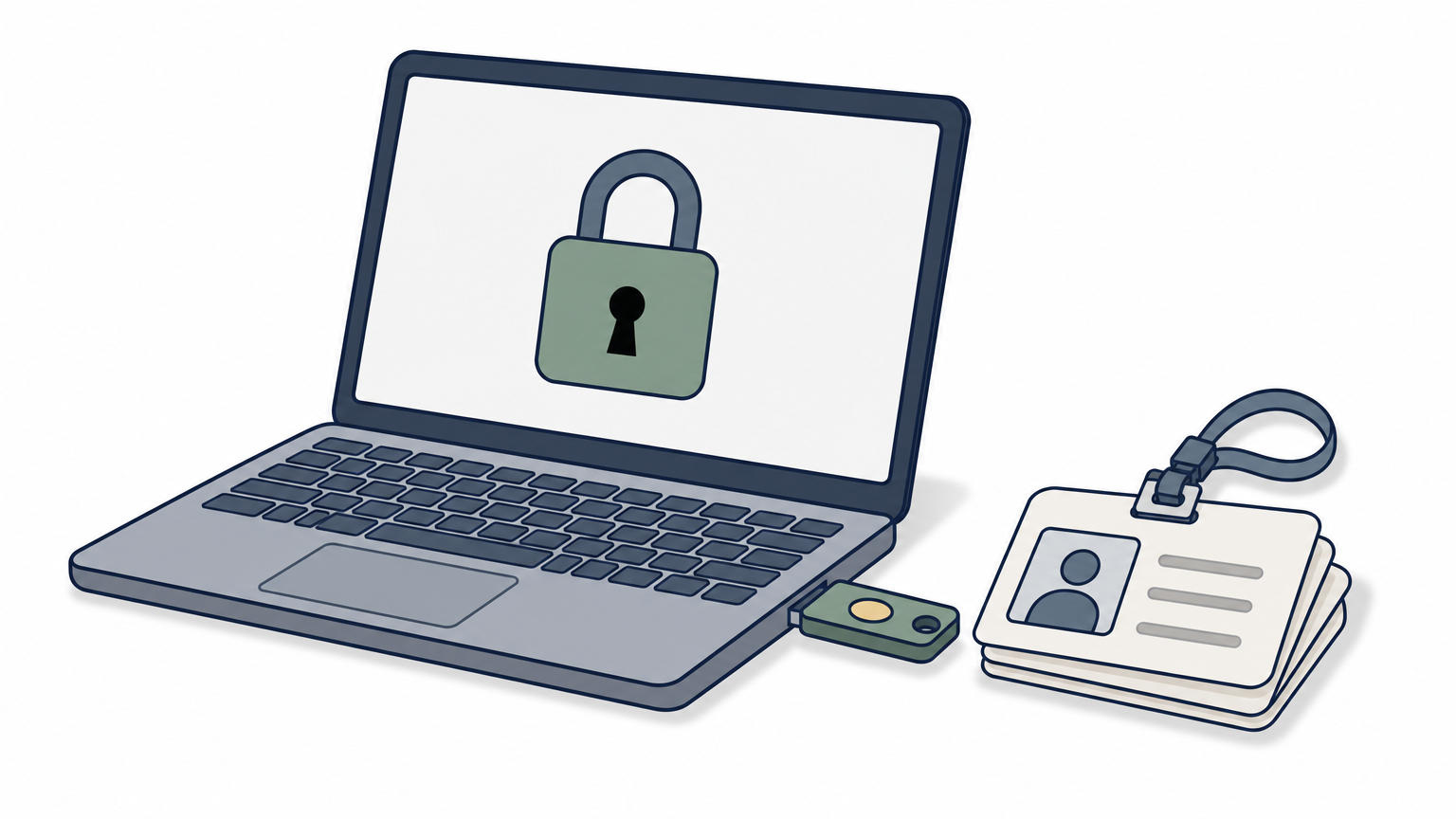 A hardware security key is plugged into a laptop next to a padlock icon on screen.
