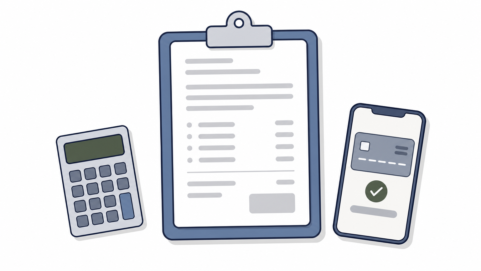 A clipboard with an itemized lawn care estimate next to a calculator and a phone showing an online payment screen.