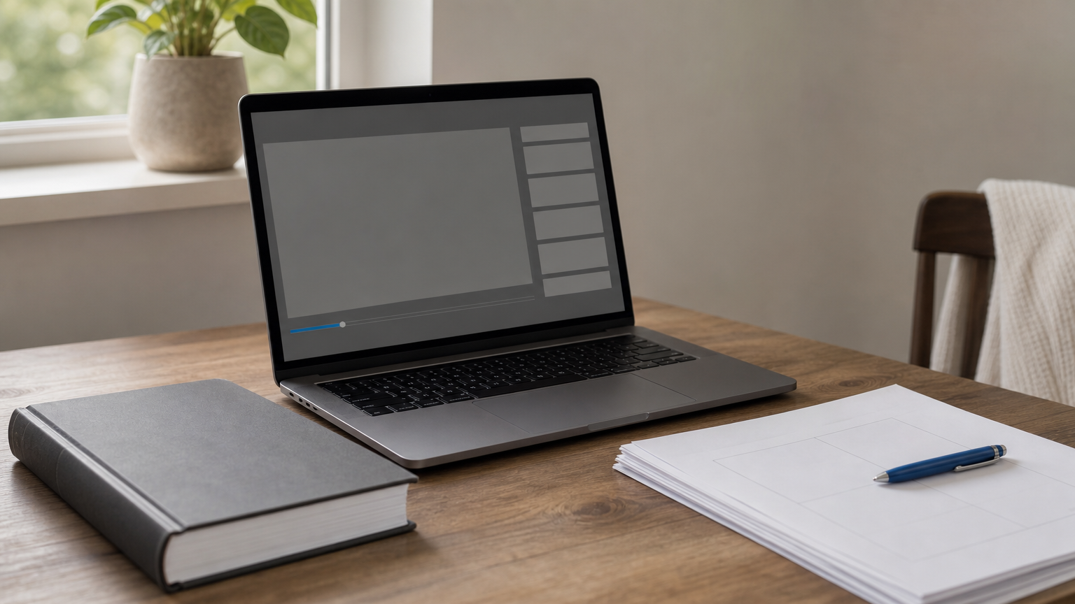 A laptop with a video lesson, a printed handbook, and practice question sheets on a desk.
