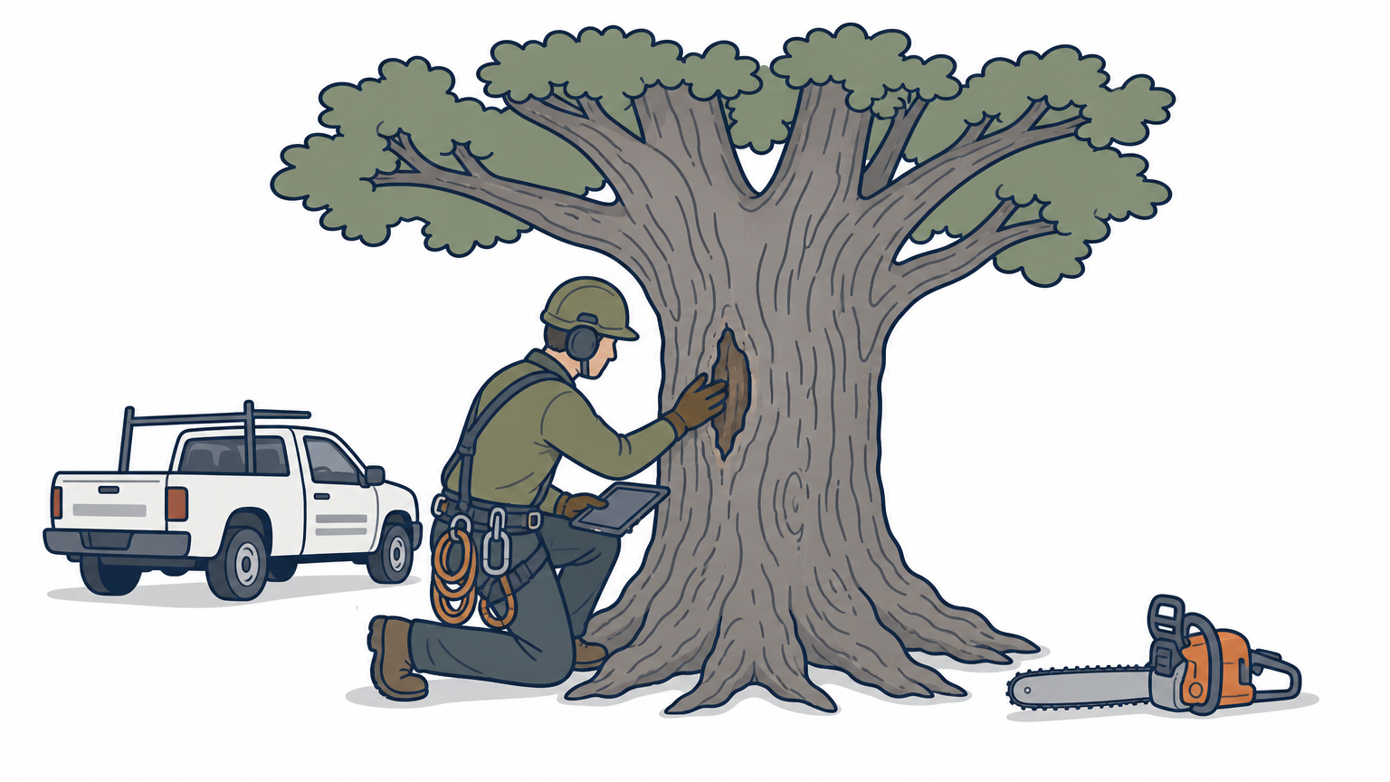 An arborist examines a large oak tree's trunk in a yard with a truck parked behind him.