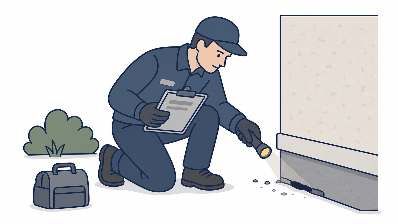 A technician crouches by a home's foundation inspecting a gap with a flashlight and clipboard.