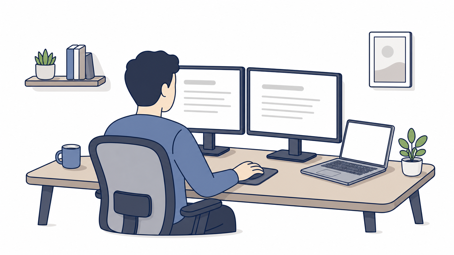 A remote worker sits at a two-monitor desk setup provided by an employer.