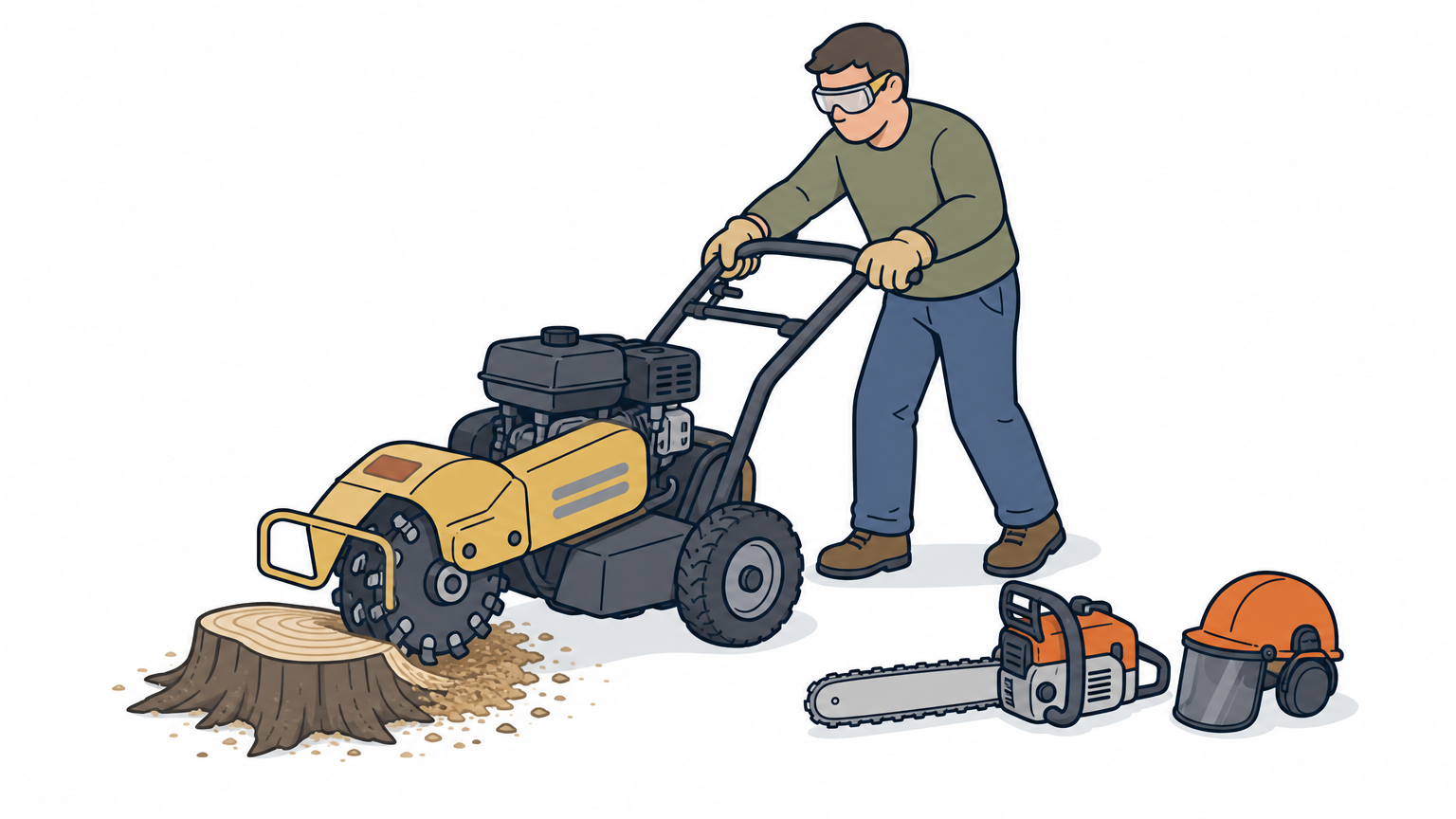 A homeowner wearing safety gear operates a stump grinder in a backyard next to a chainsaw and helmet.