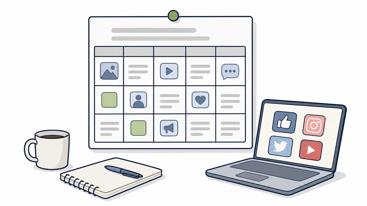 A wall-mounted content calendar next to a laptop displaying social media icons on a desk.