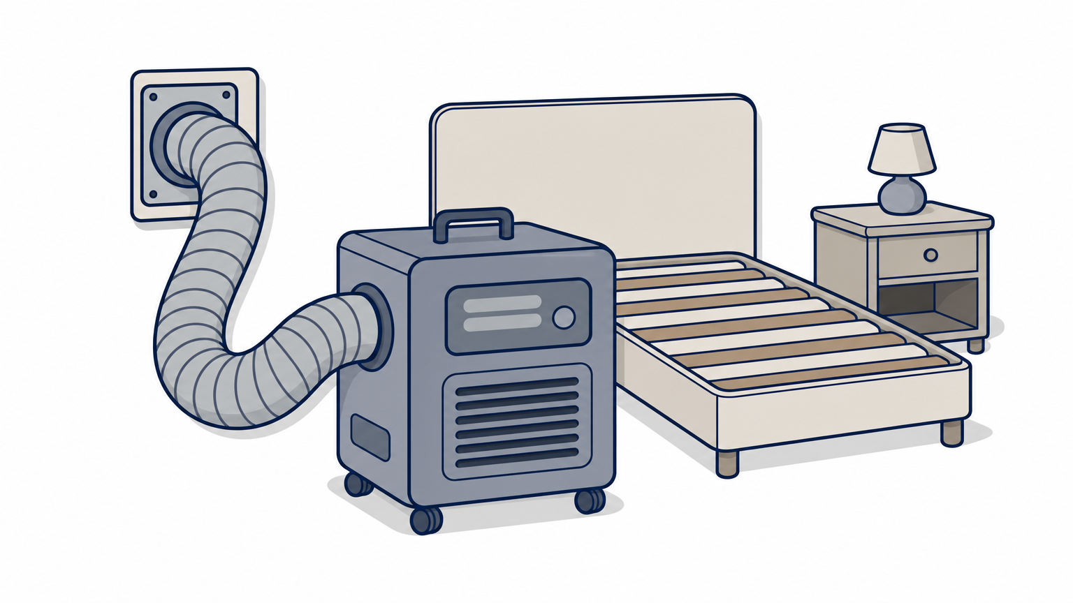 A heat treatment machine with ducting is set up beside a stripped mattress in a bedroom.