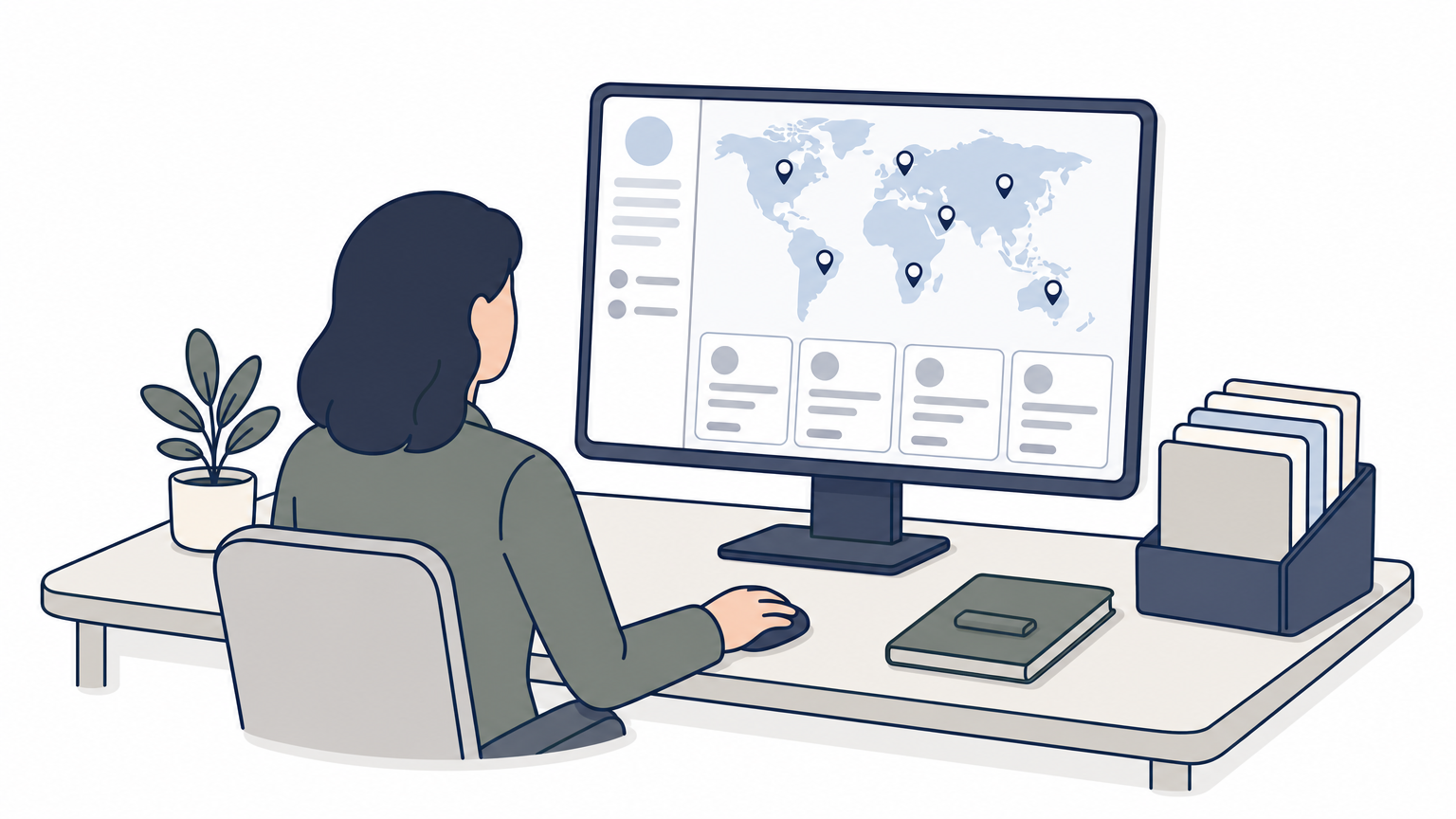 A recruiter reviewing a candidate search dashboard with a world map of location pins on screen.