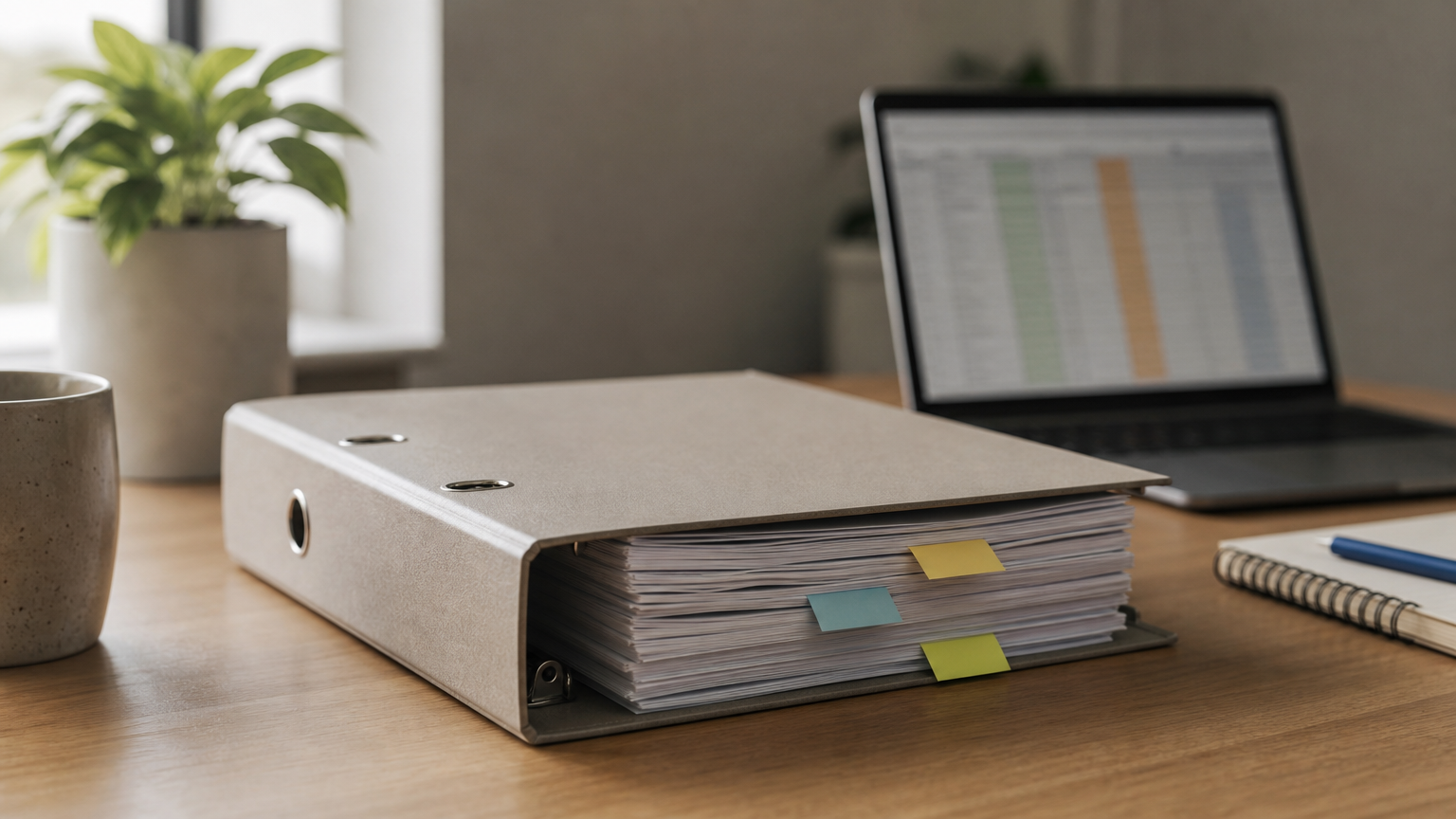 A ringbinder of security policies next to a laptop displaying a risk register on screen.