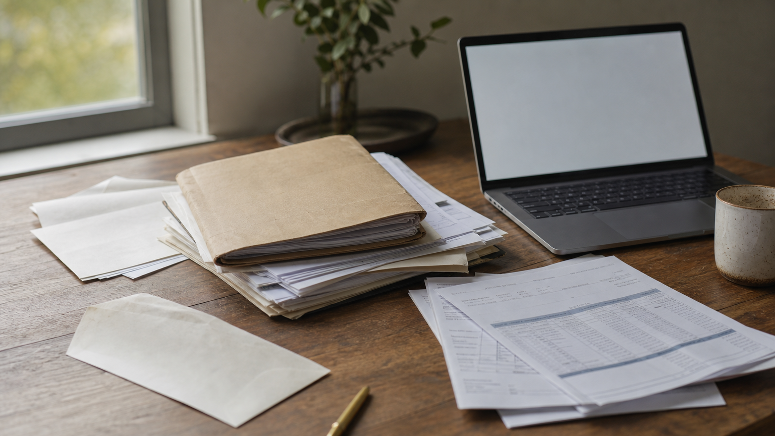 A desk covered with old account statements, a pension letter, and a laptop displaying a spreadsheet.