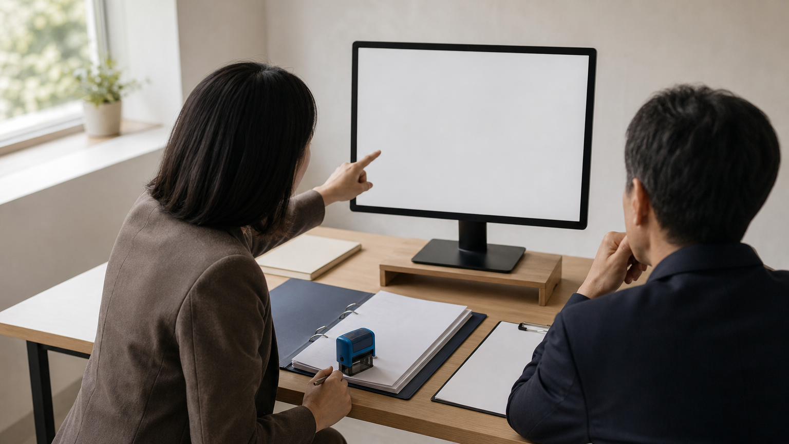 Two colleagues reviewing access control settings on screen alongside a folder of printed evidence records.