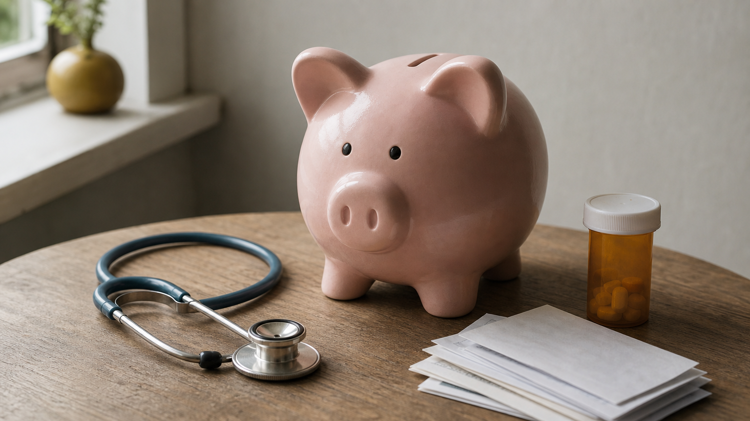 A piggy bank sitting beside a stethoscope, prescription bottle, and a stack of medical bills.