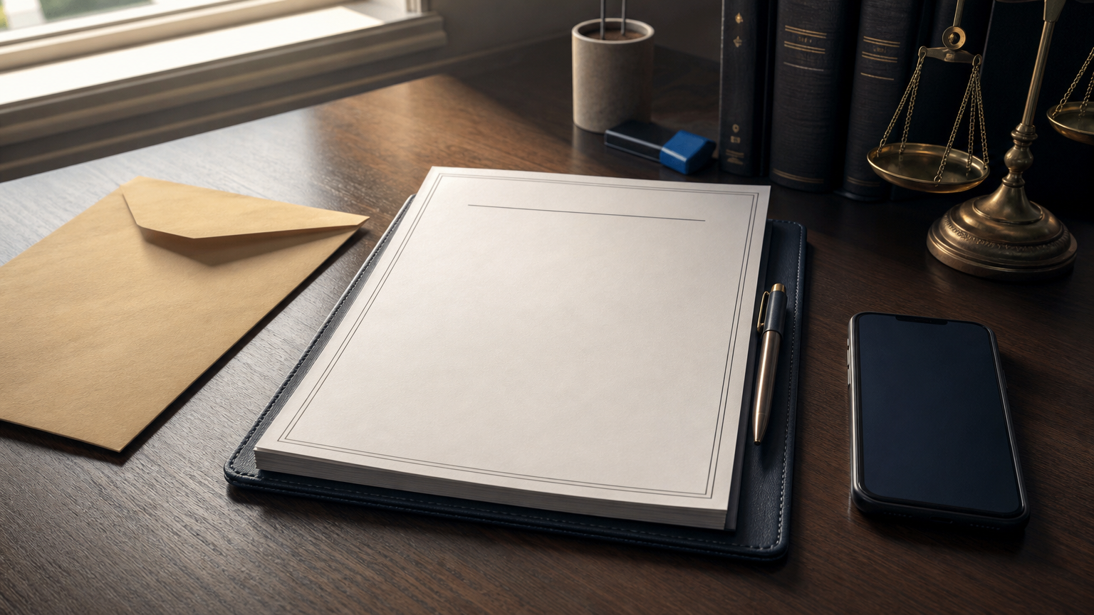 A lawyer's desk showing a legal letterhead letter, a summons envelope, and a phone.