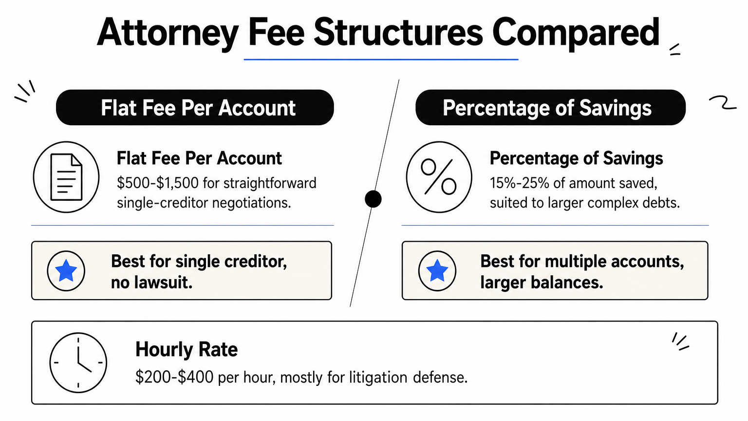 Infographic comparing flat fee, percentage of savings, and hourly attorney fee structures.