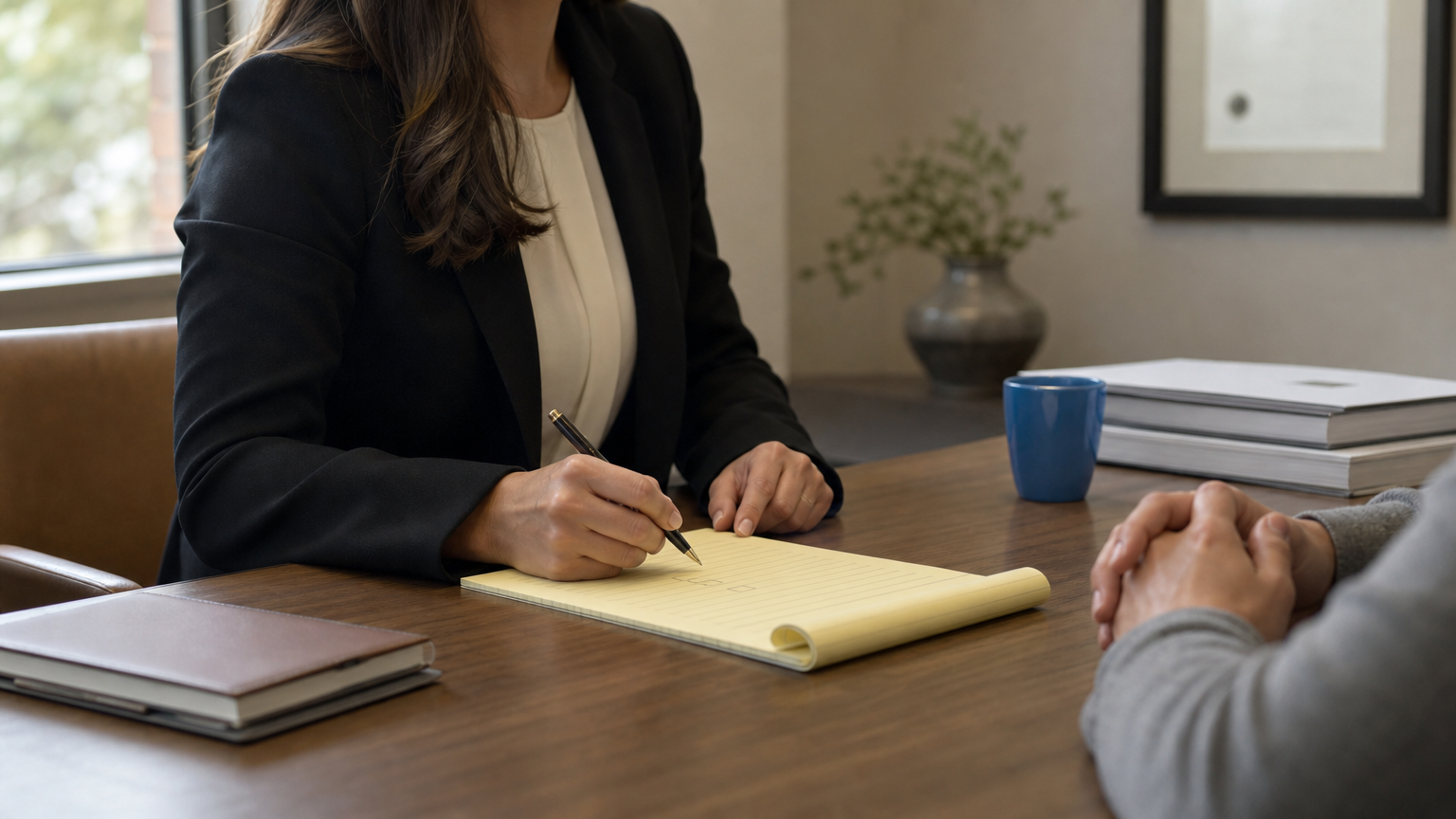 A client and lawyer sitting at a table during a legal consultation with a certificate on the wall.