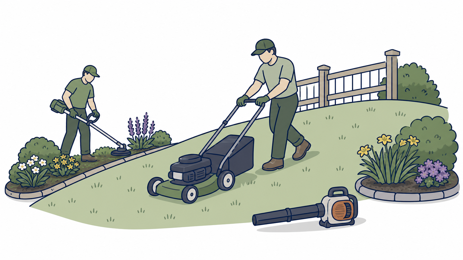 A lawn care crew mows a sloped yard with flower beds and a fence line.