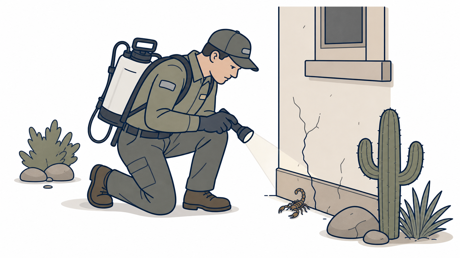 A technician in uniform inspects a home's exterior wall for scorpions with a flashlight and spray tank.