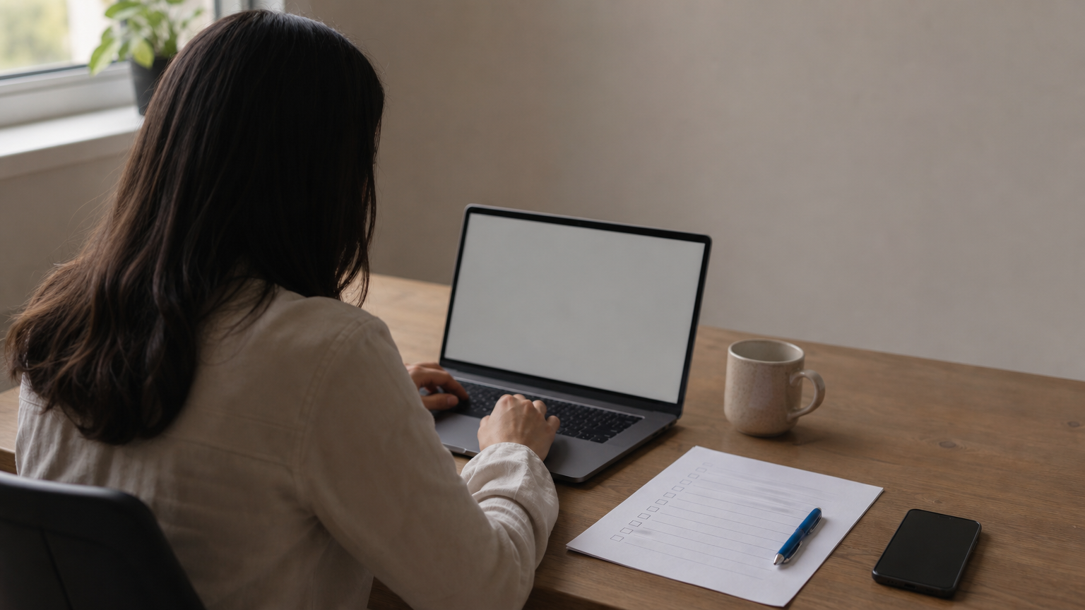 Person researching an attorney's credentials online next to a printed list of consultation questions.
