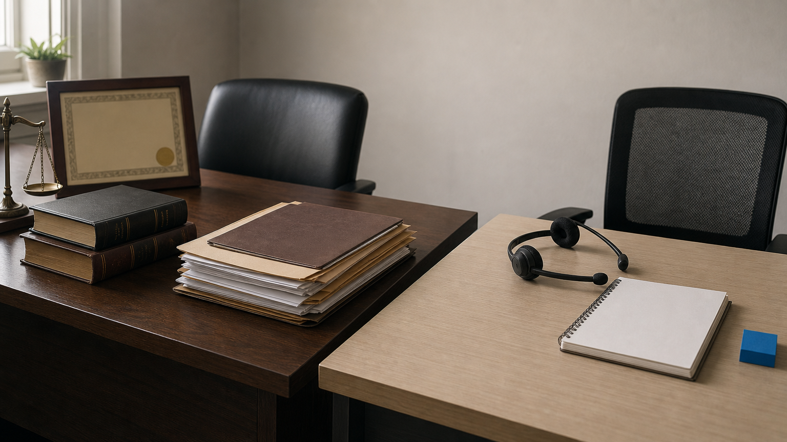 Two contrasting desks representing a law office and a debt settlement call center.