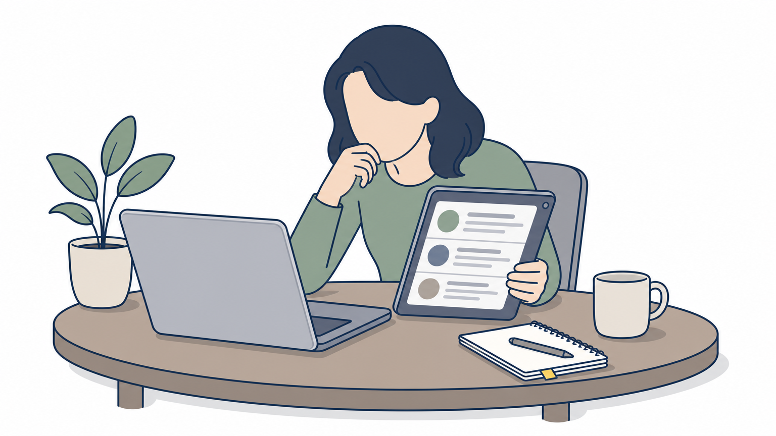 A homeowner at a kitchen table reviews pest control company profiles on a laptop and tablet.