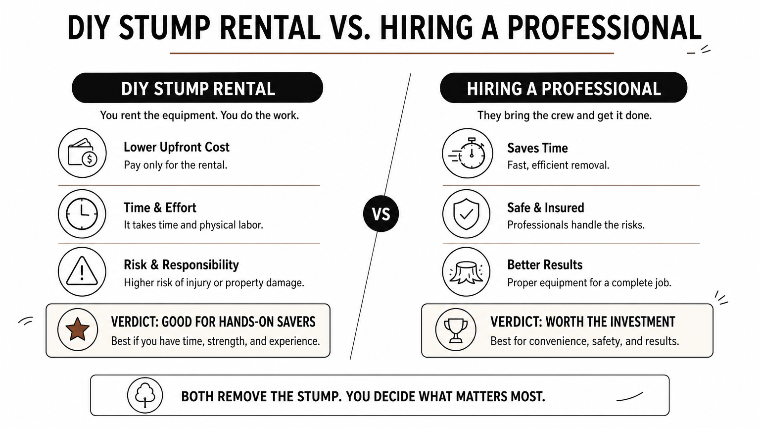 Infographic comparing DIY stump grinding rental against hiring a professional crew with verdicts for each option.