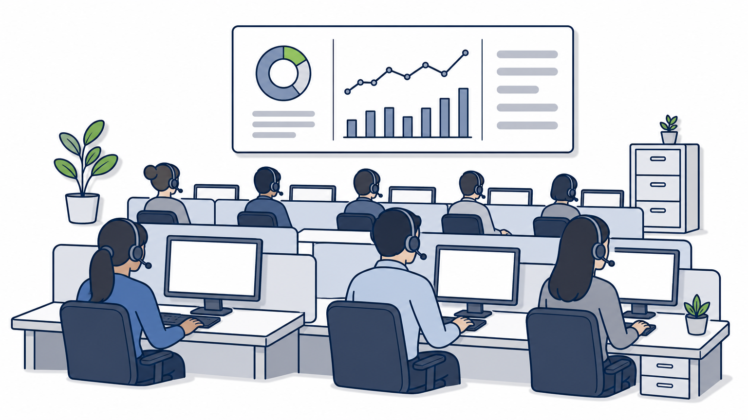 Rows of contact center agents wearing headsets working at computer stations under a call metrics display.