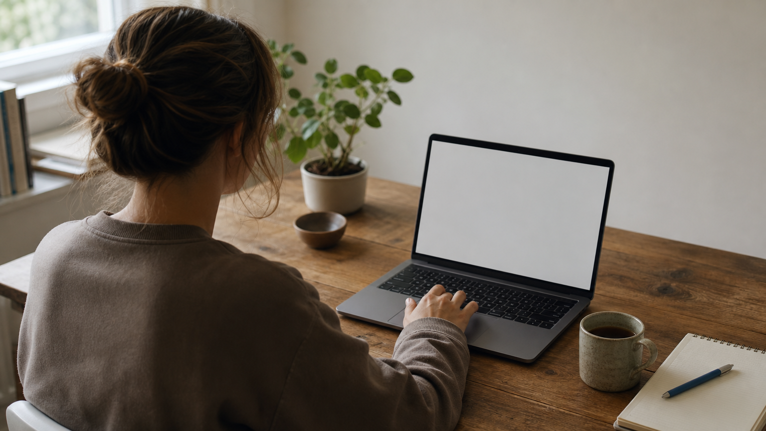 A learner sitting at a desk working through an online cybersecurity course on a laptop.