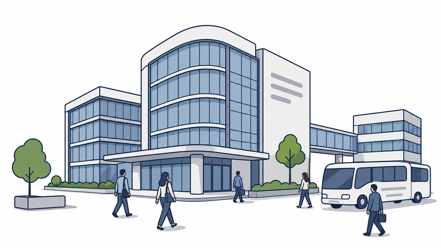 Glass office towers on a corporate IT campus with employees walking between buildings and a shuttle bus.