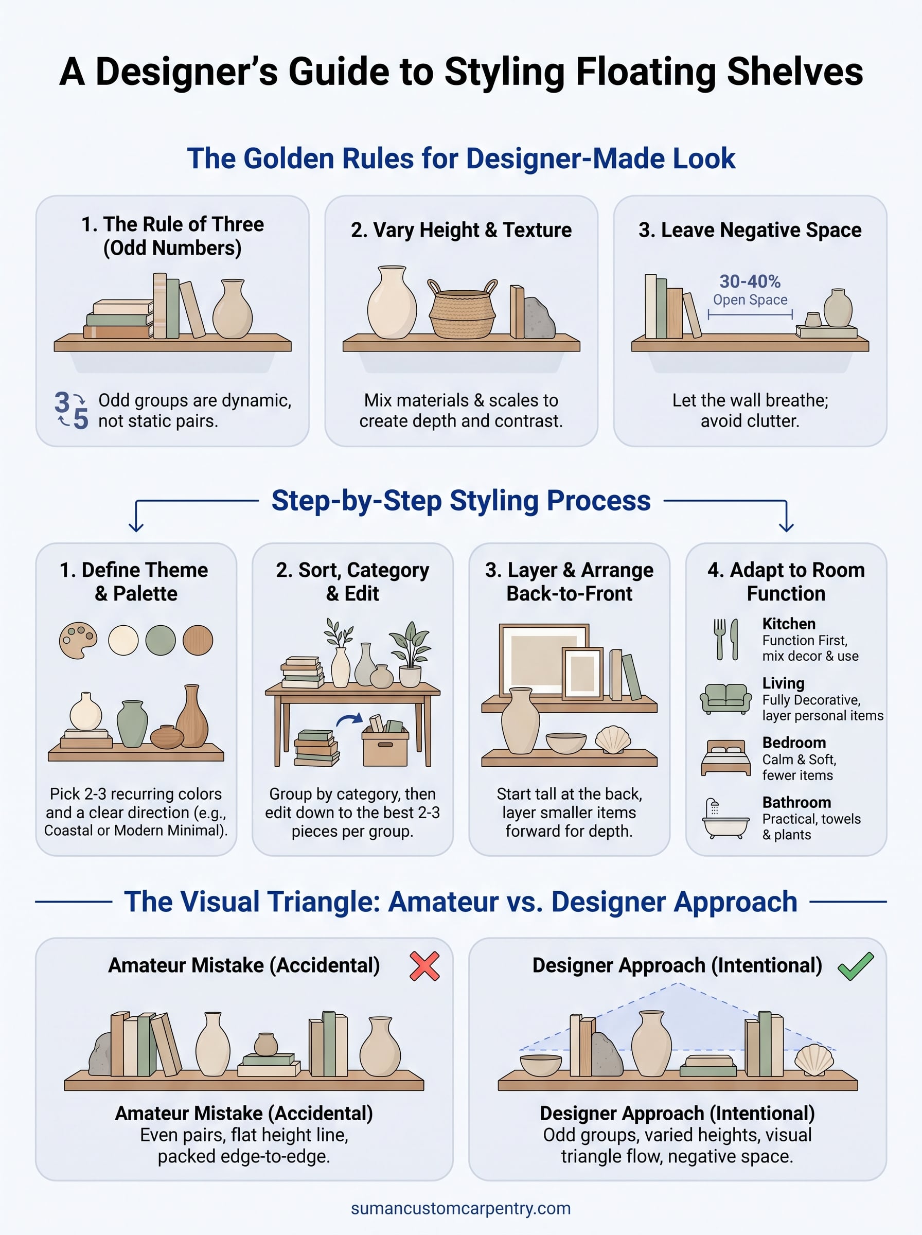 how to style floating shelves infographic