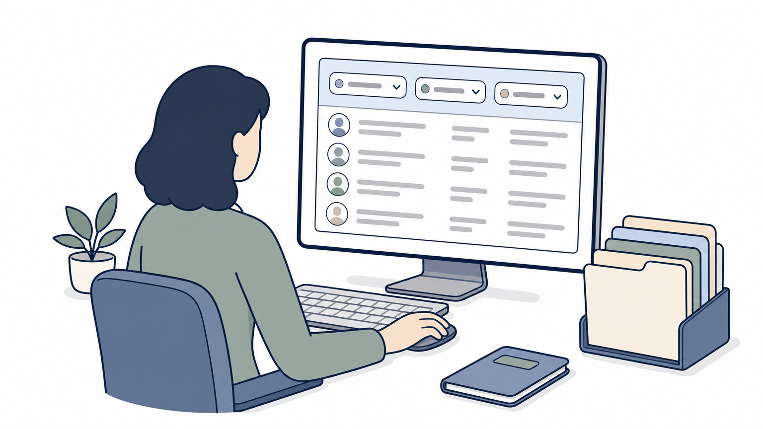 Recruiter searching a candidate database on a computer screen with filter tags and folders nearby.