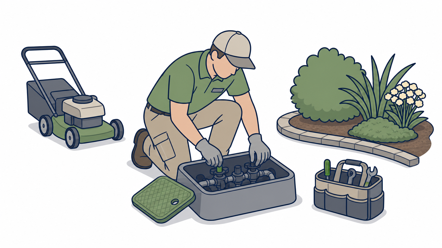 A technician inspects a sprinkler valve box on a lawn with mowing equipment nearby.