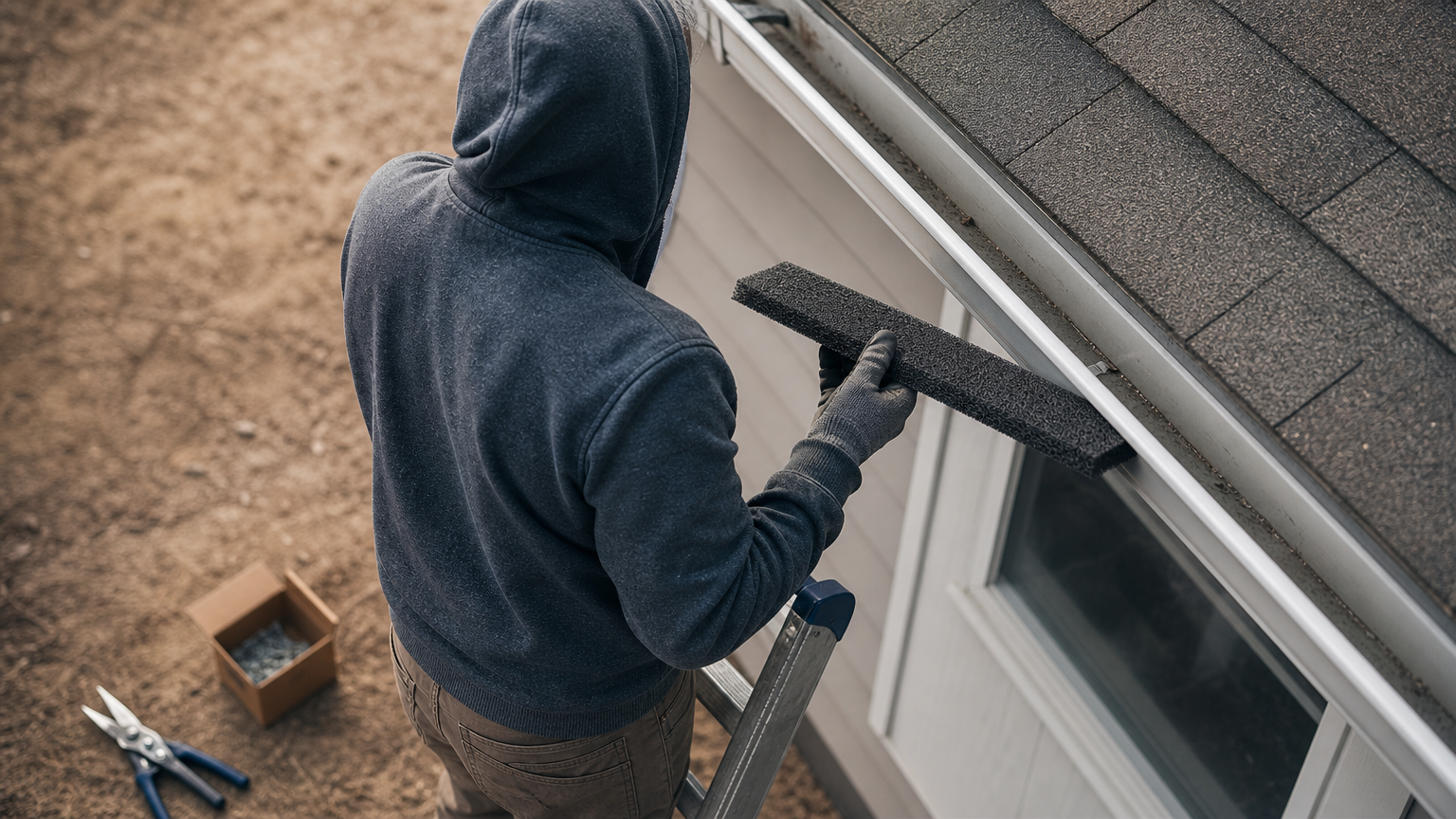 A person on a ladder installing a foam gutter guard with tools laid out below.