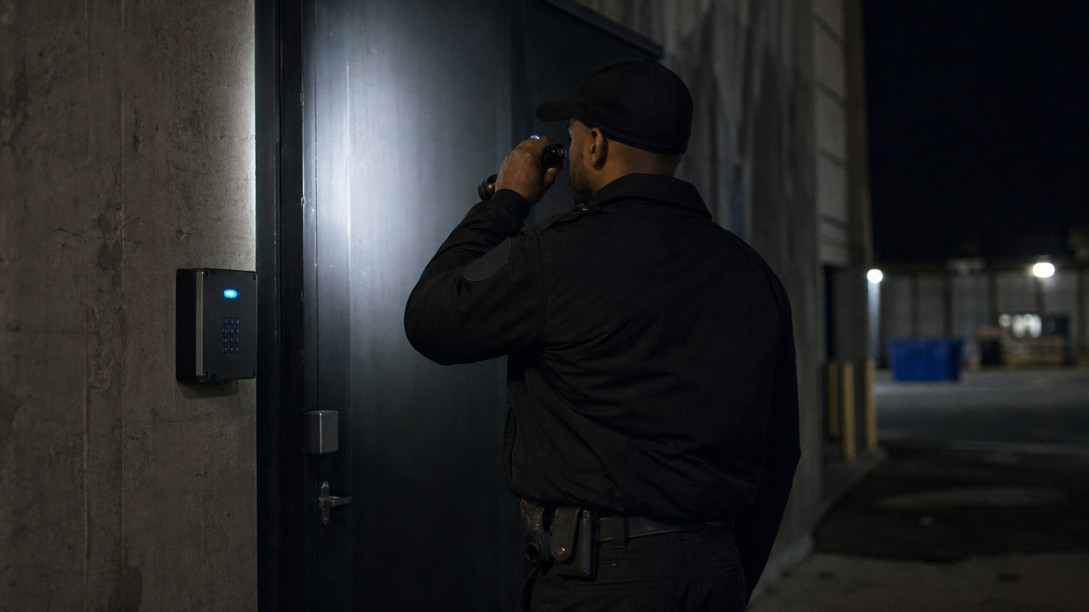 A security officer inspects a warehouse entrance at night after an alarm activation.