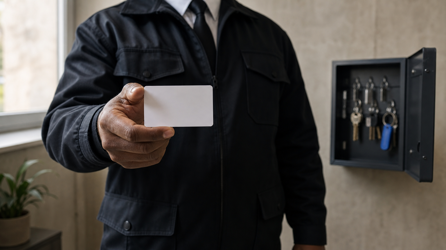 A security officer presents an SIA licence card beside a secure key storage box.