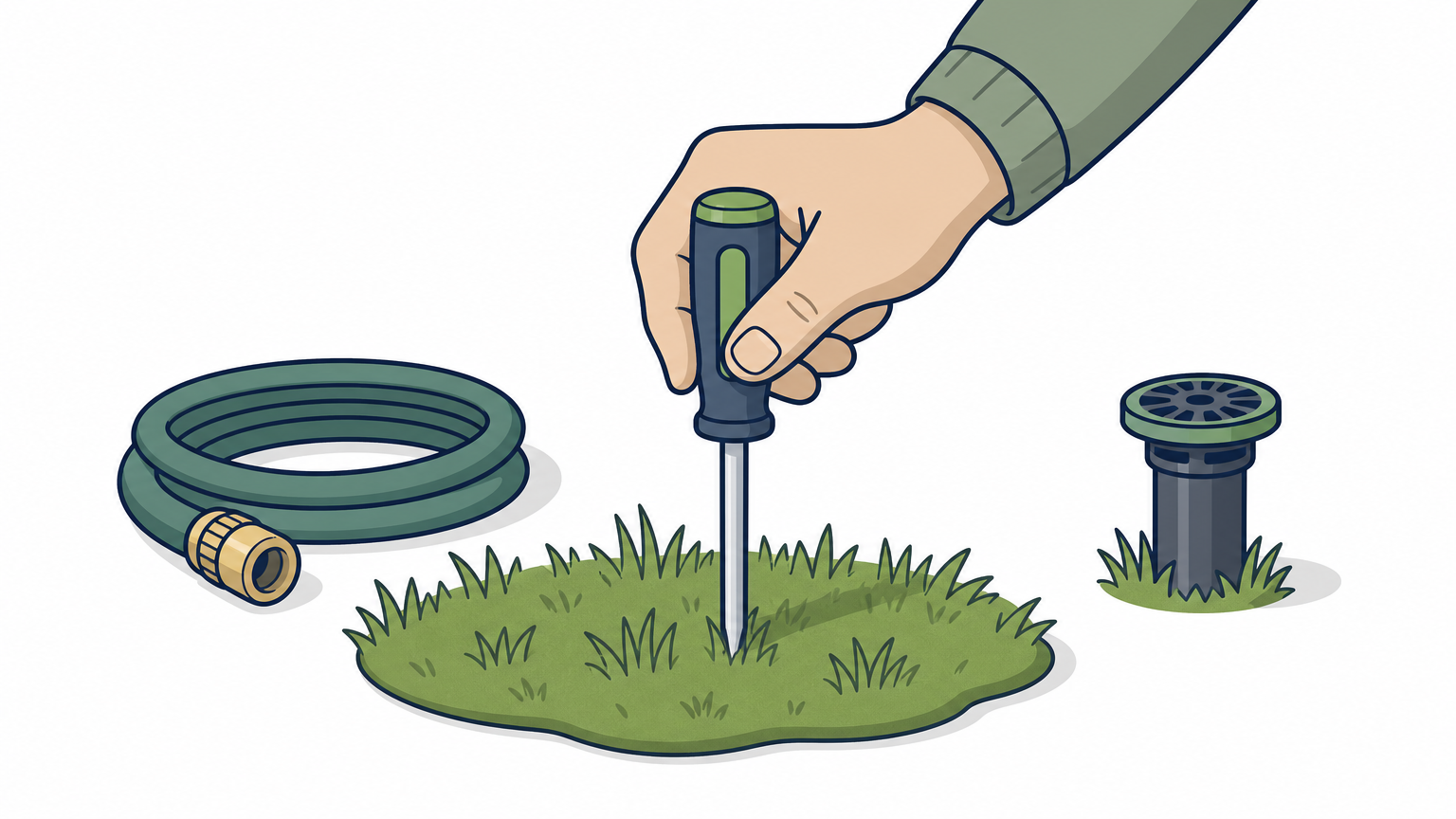 A screwdriver being pushed into lawn soil to test for compaction.