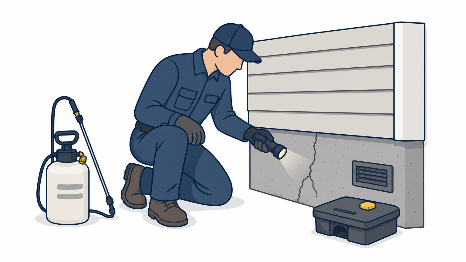 A technician examines a foundation crack for ants with a flashlight and treatment equipment beside him.