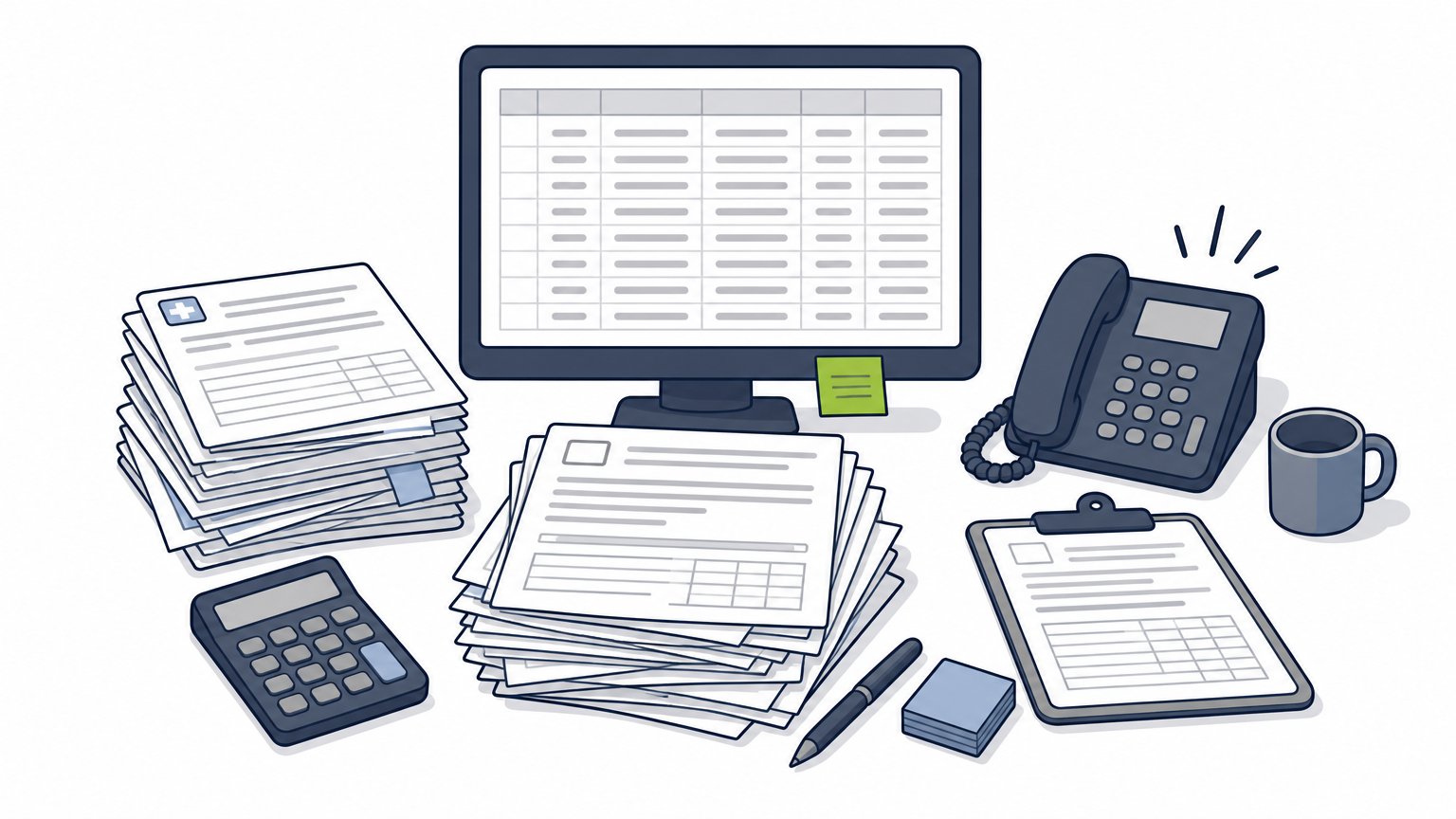A cluttered desk with paperwork, a ringing phone, and a billing spreadsheet on a computer screen.