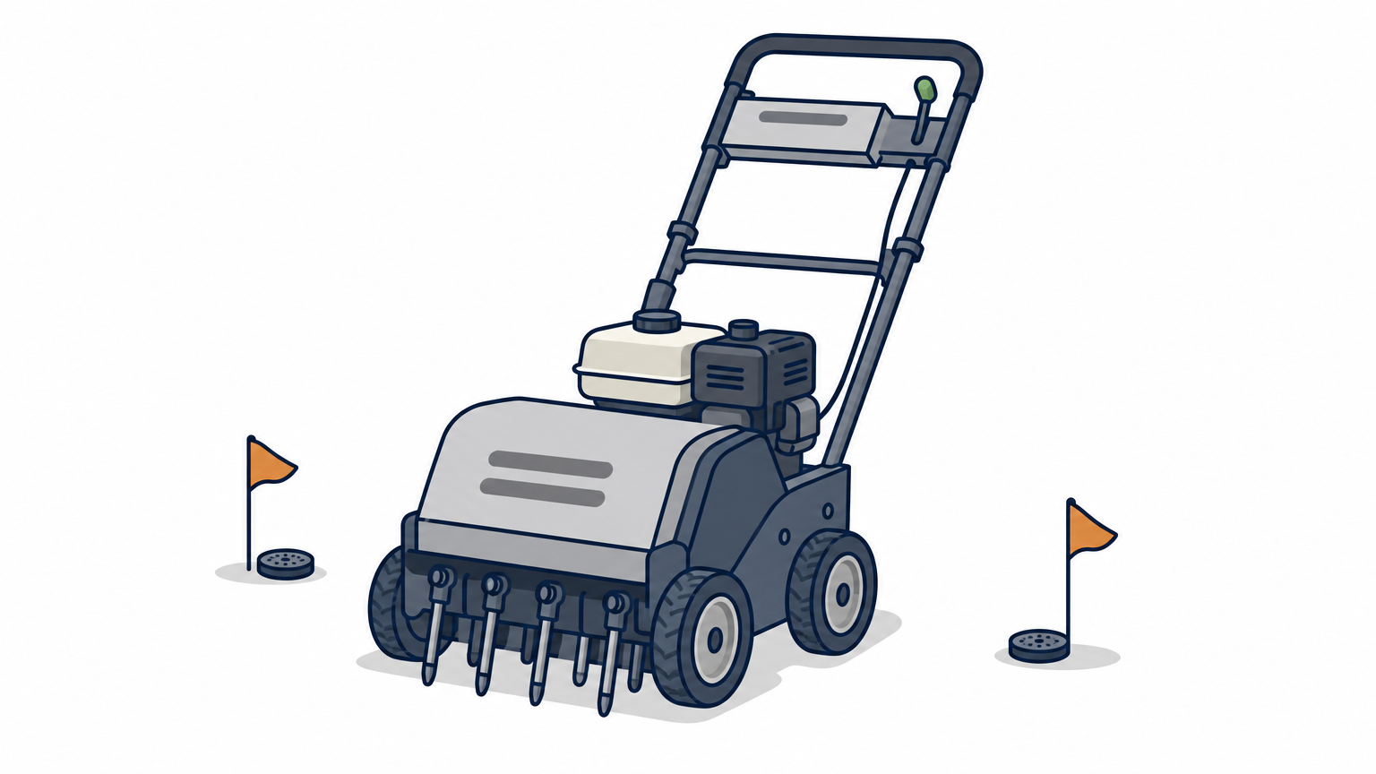 A core aerator machine parked on a mowed lawn near flagged sprinkler heads.