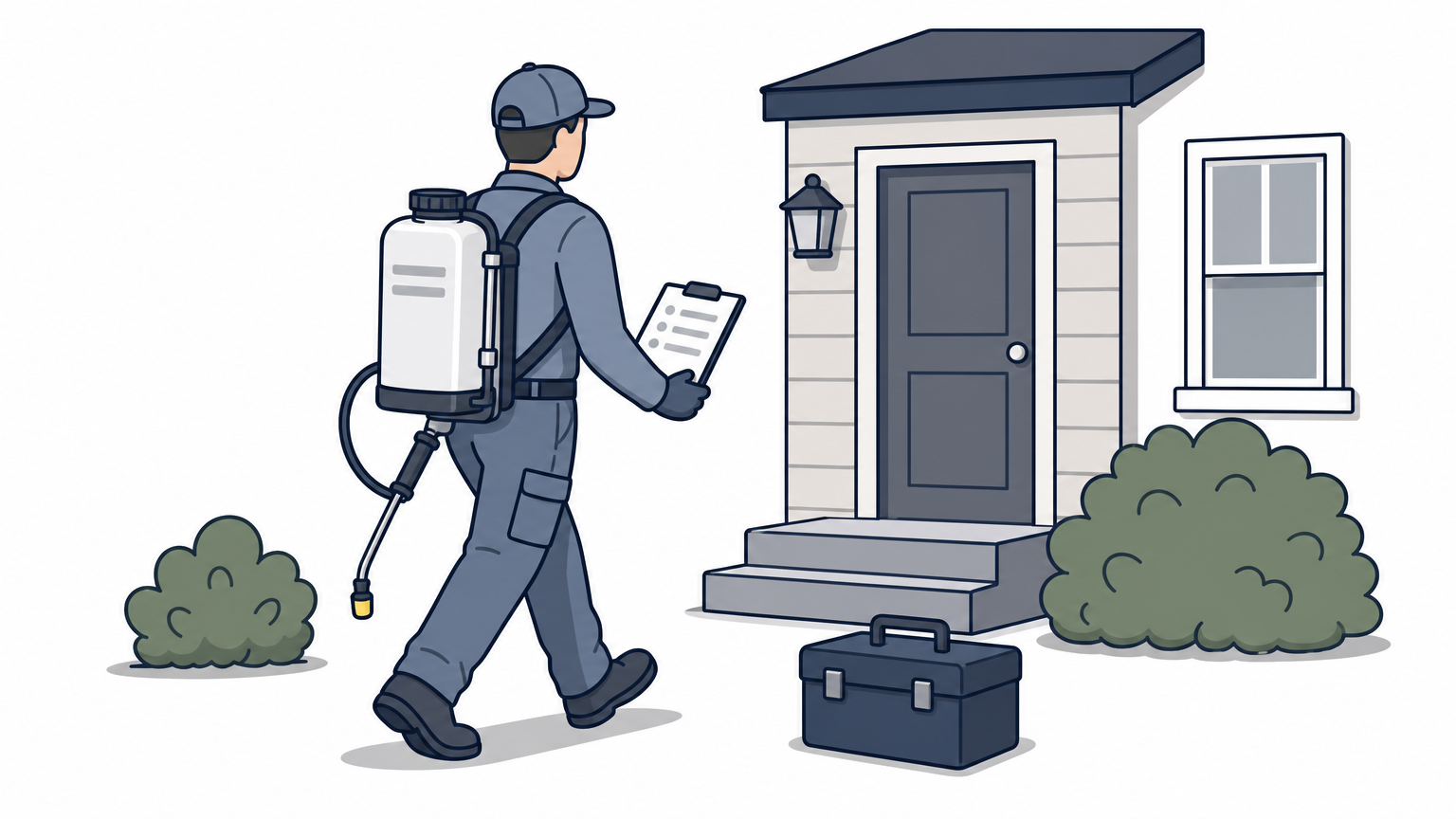 A uniformed exterminator with a sprayer and clipboard approaches a house for a scheduled treatment.
