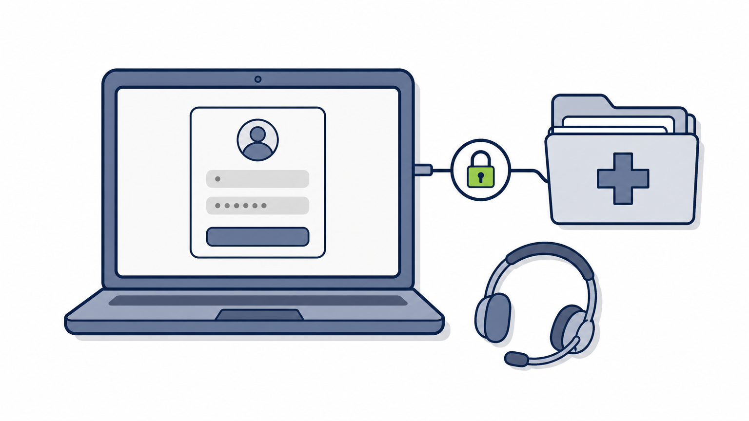 A laptop displaying a secure login screen connected to hospital records, with a headset beside it.