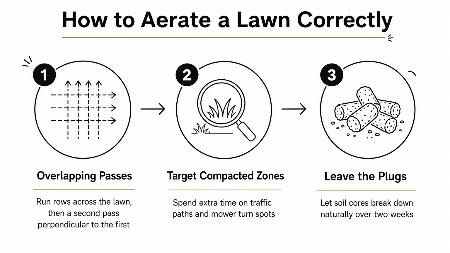 Three-step infographic showing overlapping passes, targeting compacted zones, and leaving soil plugs in place.
